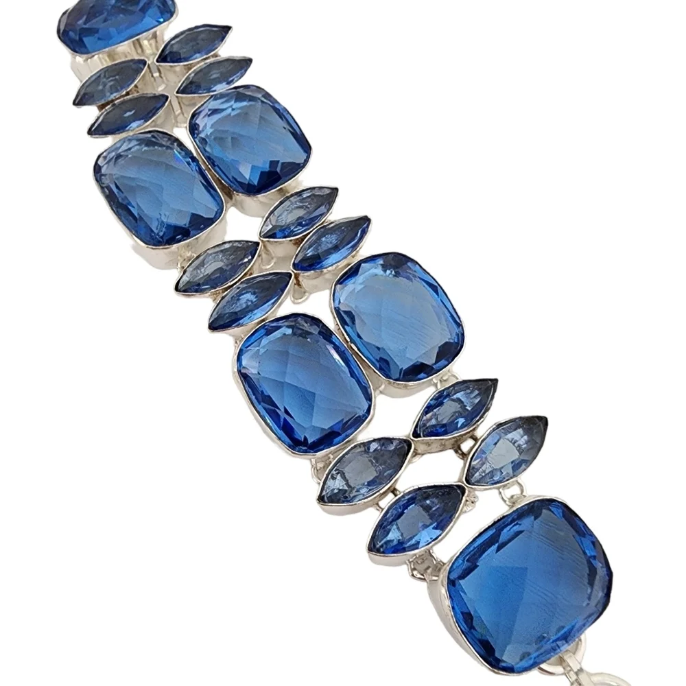 Silver gemstone bracelet - blue faceted glass stones statement bracelet Q11